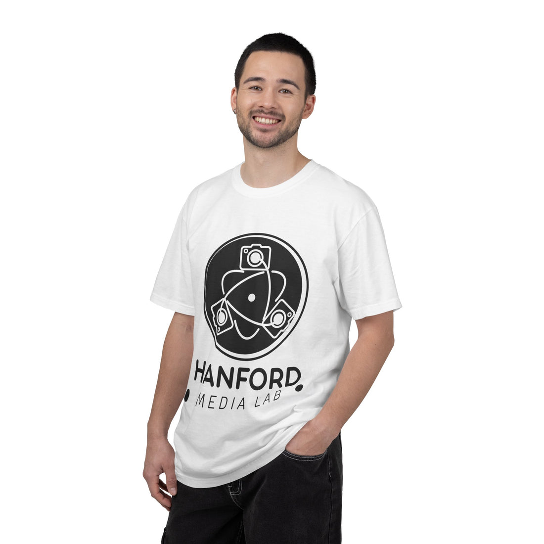 Hanford Media Lab Logo T-Shirt | Science Camera Atom Graphic